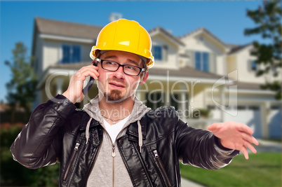 Contractor Wearing Hard Hat on Phone In Front of House