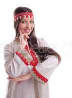 Young girl in dance pose and smile - flax cloth