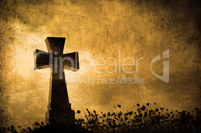 Grunge image of a cross in the cemetery, perfect halloween backg