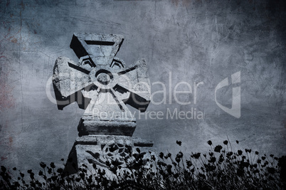 Grunge image of a cross in the cemetery, perfect halloween backg