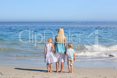 Joyful family walking on the beach