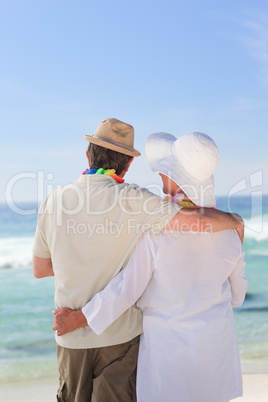 Enamored couple looking at the sea