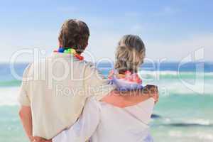 Enamored couple looking at the sea