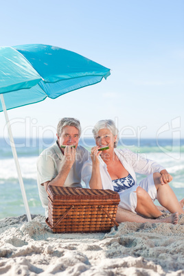 Elderly couple picniking on the beach