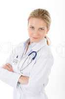 Young female doctor with stethoscope on white