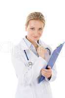 Young female doctor with stethoscope on white