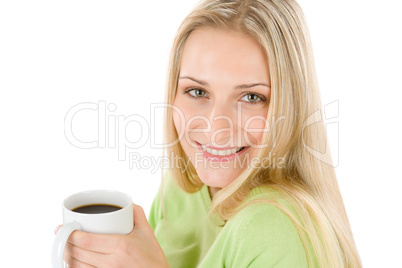 Happy blond woman with coffee on white background