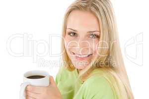 Happy blond woman with coffee on white background