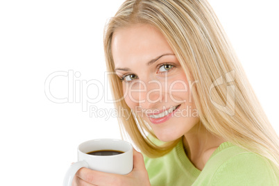 Happy blond woman with coffee on white background