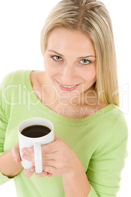 Happy blond woman with coffee on white background