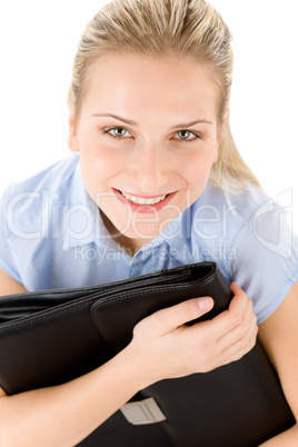 Young businesswoman holding handbag