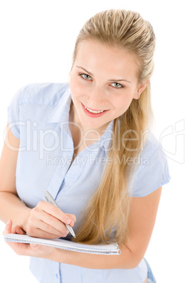 Happy student woman write notes on white background