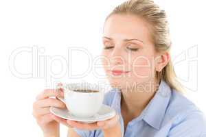 Cheerful young woman with coffee