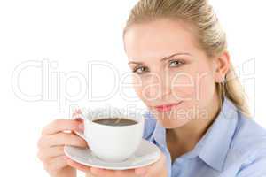 Cheerful young woman with coffee