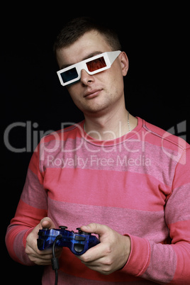 Man in the 3d glasses with a joystick in their hands