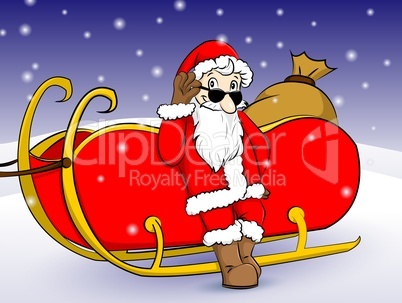 Santa Claus an seinem Schlitten angelehnt