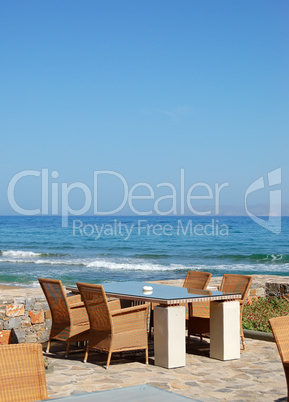 Sea view relaxation area of restaurant at luxury hotel, Crete, G