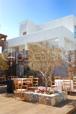 Outdoor restaurant of modern luxury hotel, Crete, Greece