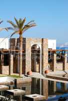 Restaurant and swimming pool of modern luxury hotel, Crete, Gree