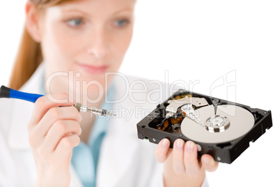 Female computer engineer - woman repair hard disc