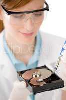 Female computer engineer - woman repair hard disc