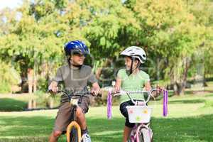 Brother and  sister with their bikes