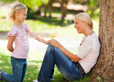 Daughter offering a flower to her mother