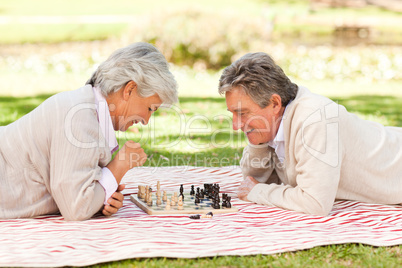Elderly couple playing chess