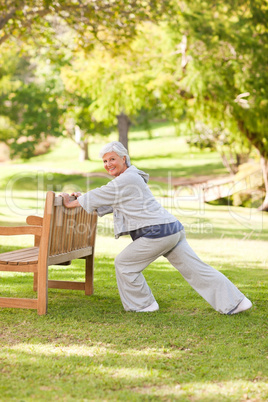 Senior woman doing her stretches in the park