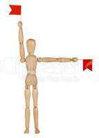 wooden toy man with red flags