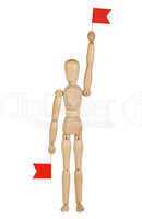 wooden toy man with red flags