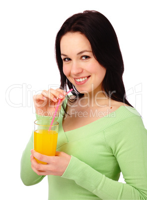 Young attractive woman drinks orange juice