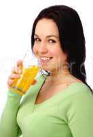 Young attractive woman drinks orange juice