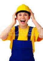 Construction girl holds her hard hat and scream