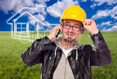 Contractor in Hard Hat in Front of Ghosted House and Grass Field