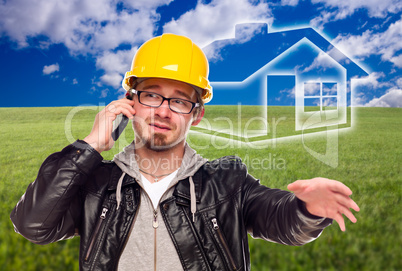 Contractor in Hard Hat in Front of Ghosted House and Grass Field