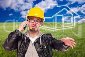 Contractor in Hard Hat in Front of Ghosted House and Grass Field