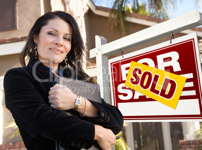 Female Hispanic Real Estate Agent, Sold For Sale Real Esate Sign