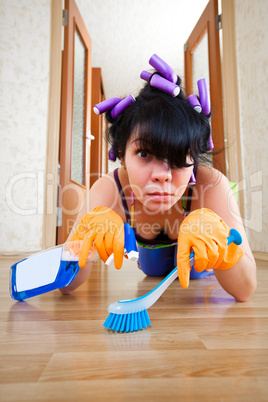 housewife washes a floor