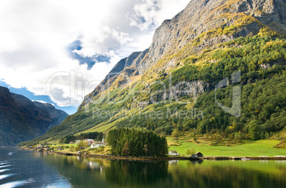 Norwegian fjords: Mountains, village