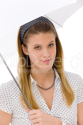 Fashion - young woman umbrella designer clothes