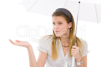 Fashion - young woman umbrella designer clothes