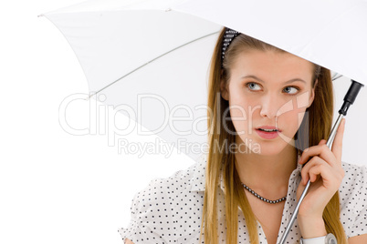 Fashion - young woman umbrella designer clothes