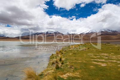 mountain, reflecting in the lake with flamingos, bolivia