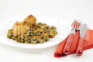 Chicken meat with green peas, carrots and corns