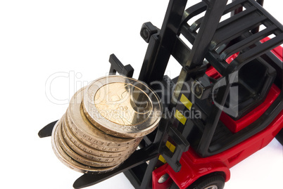 stack of 2 Euro coins on forklift