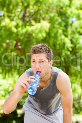 Sporty man drinking water in the park