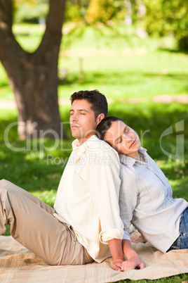 Lovers sitting back to back in the park