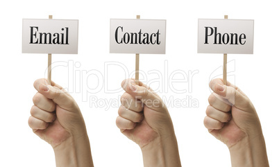 Three Signs In Fists Saying Email, Contact and Phone