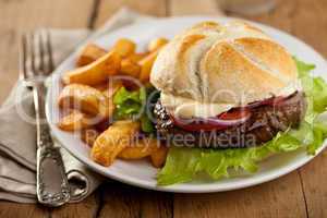 Hamburger with fries